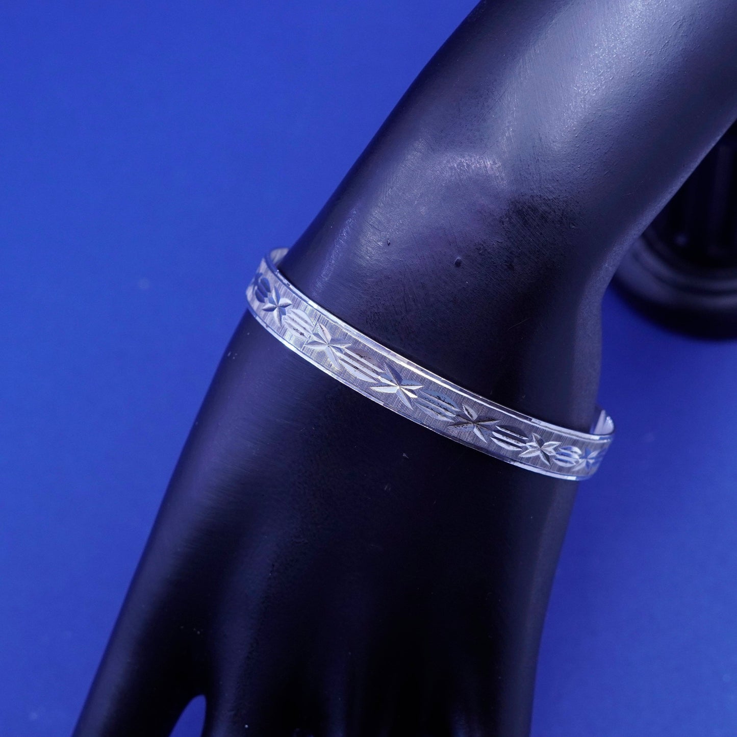 7.25”, vintage silver tone handmade bracelet, textured bangle