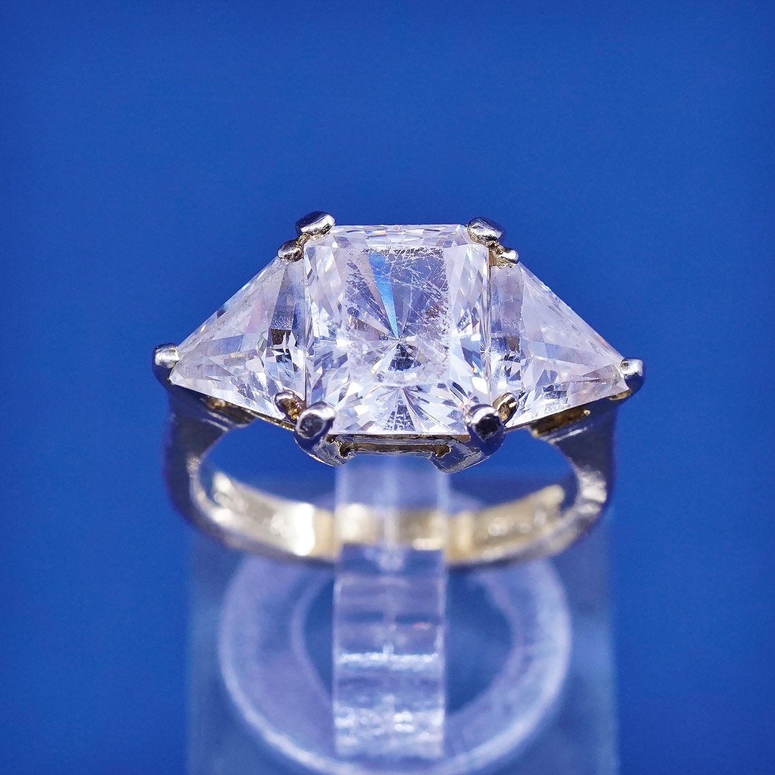 sz 6.25, vtg Vermeil Sterling silver engagement ring, gold over 925 w/ Cz