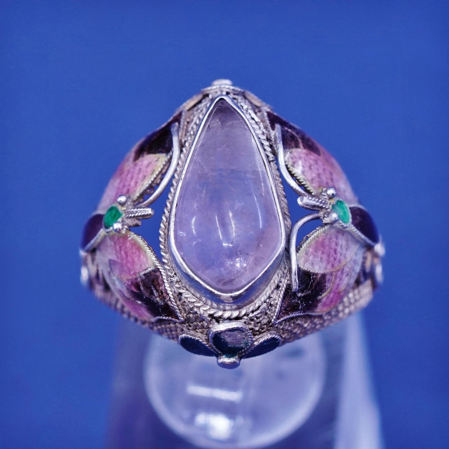 sz 11, gold over Sterling 925 silver ring w/ amethyst and enamel butterfly