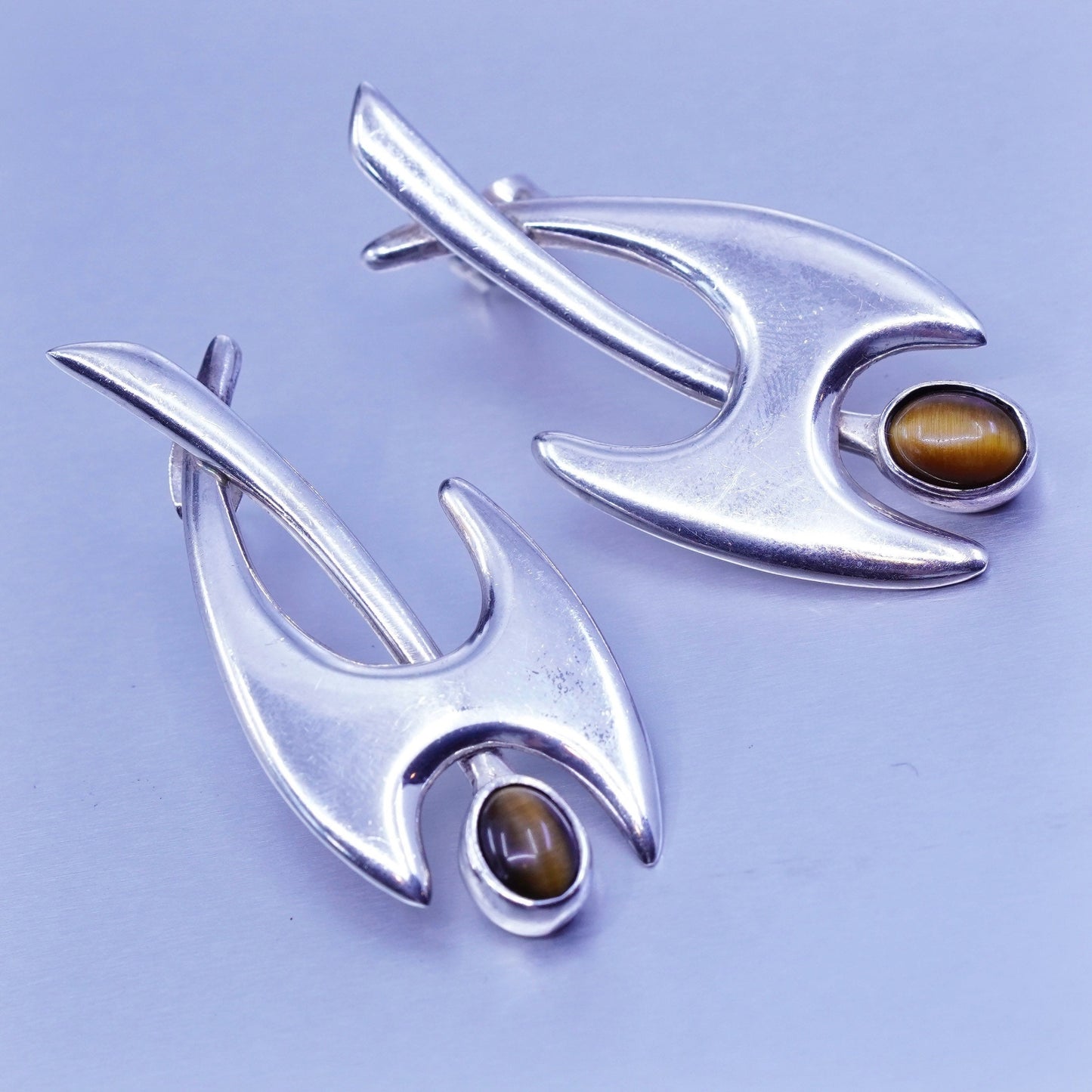 Mexico Sterling 925 silver handmade earrings, modern studs golden tigers eye