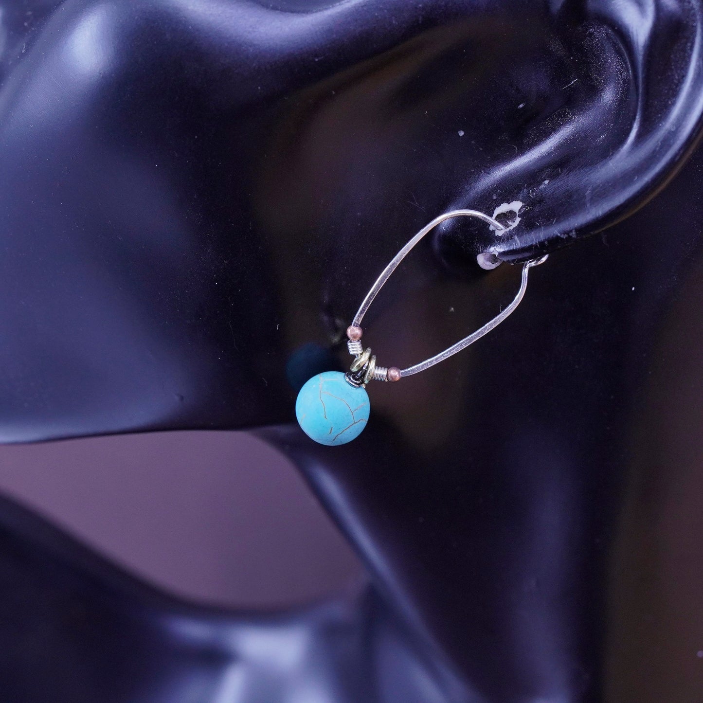 Vintage Sterling silver handmade earrings, 925 hoops with turquoise beads