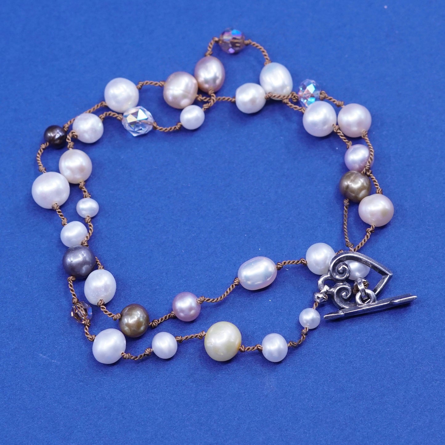 17”, Sterling silver Linen necklace, 925 heart clasp w/ pearl crystal beads