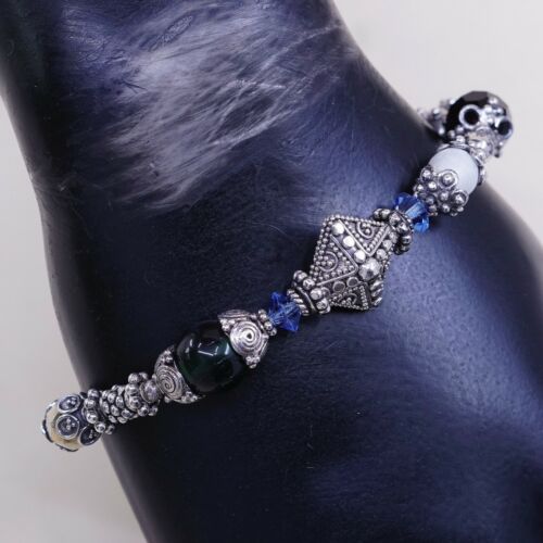 6.75” Vtg Sterling Silver Handmade Bead Bracelet, 925 Toggle n Swarovski Crystal