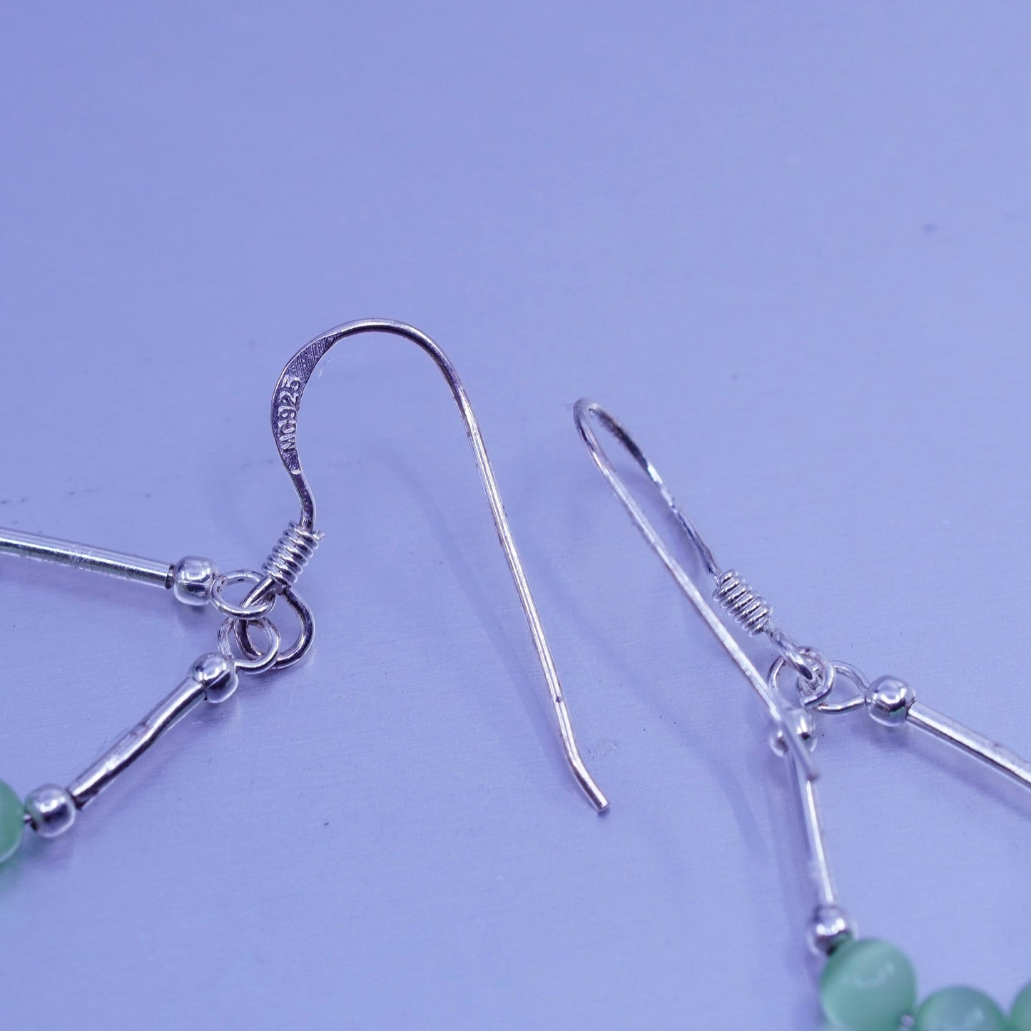 Vintage Sterling 925 silver teardrop earrings with green cats eye beads
