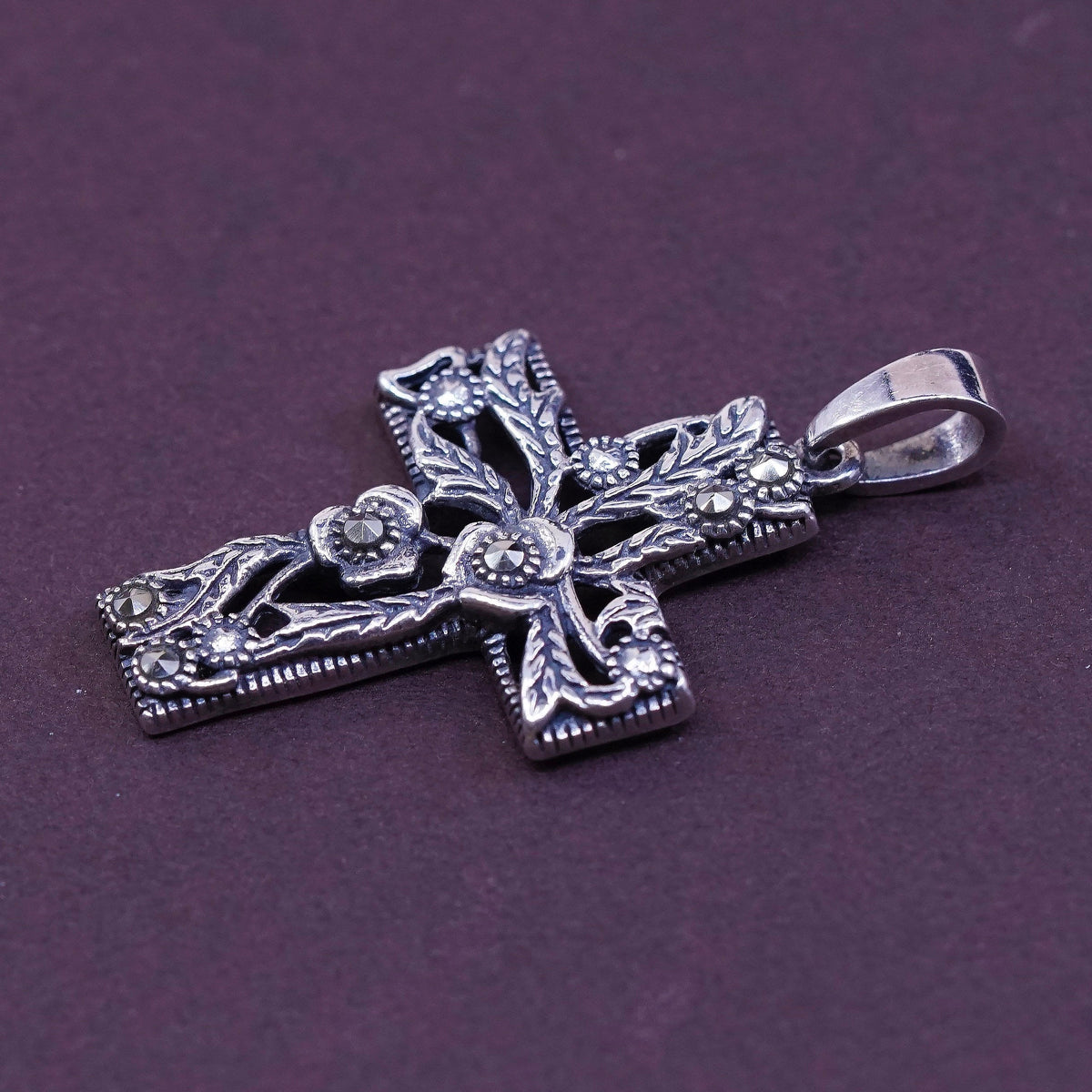 Sterling silver handmade pendant, 925 cross w/ marcasite details