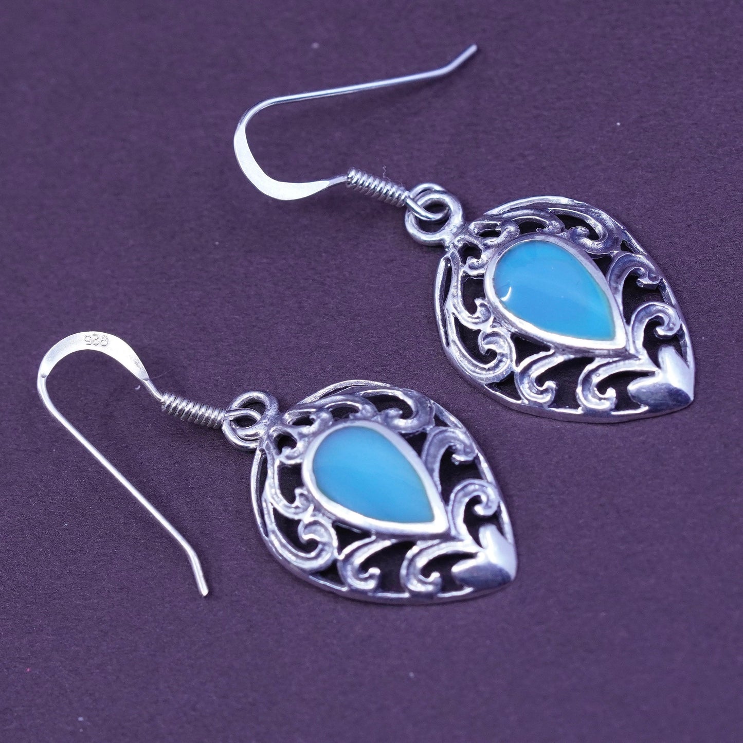 Vintage Sterling silver handmade earrings, Mexico 925 with teardrop turquoise