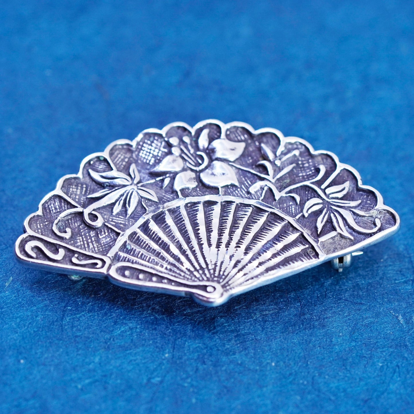 Vintage Sterling 925 Silver handmade oriental fan Brooch pin