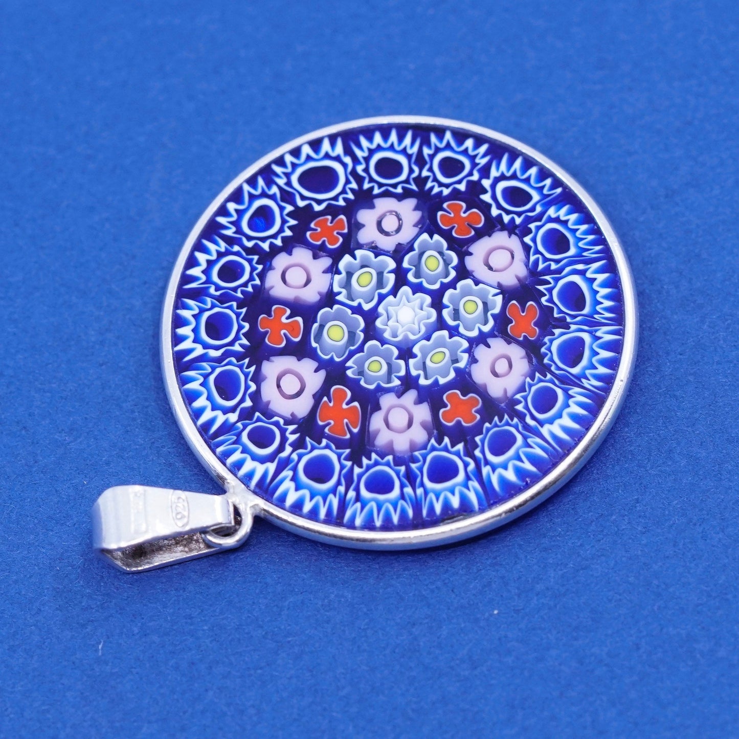 vtg handmade sterling silver tag pendant, 925 w/ multiciori murano glass