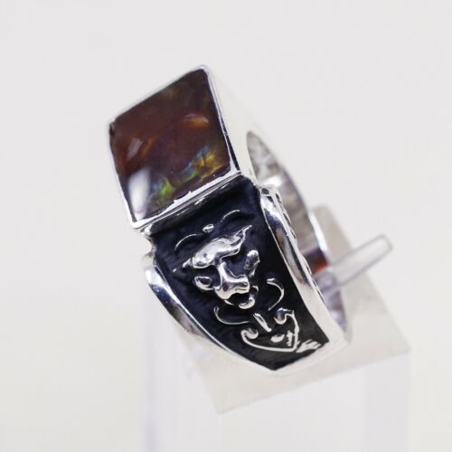 Sz 8.5, Vtg Statement Ring in Sterling Silver W/ Abalone N Leopard Face