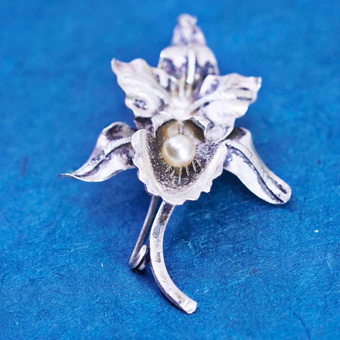 Vintage Mexico Sterling 925 Silver handmade Orchid Flower Brooch pin with pearl