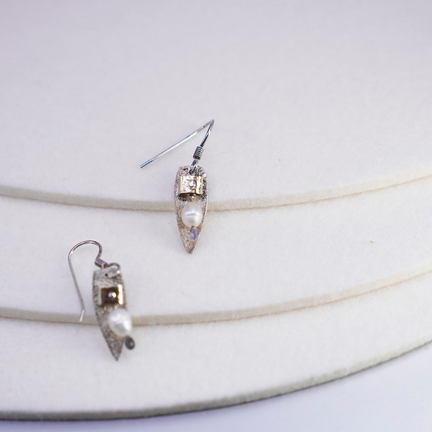Vintage GLV two tone Sterling 925 silver handmade earrings w/ freshwater pearl