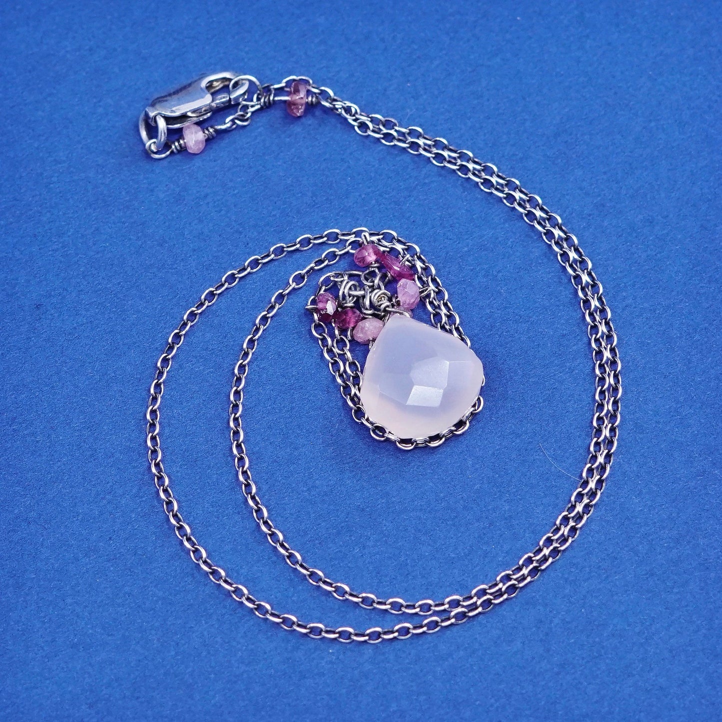 16”, 1mm, vintage Sterling silver necklace, 925 circle chain w/ quartz pendant
