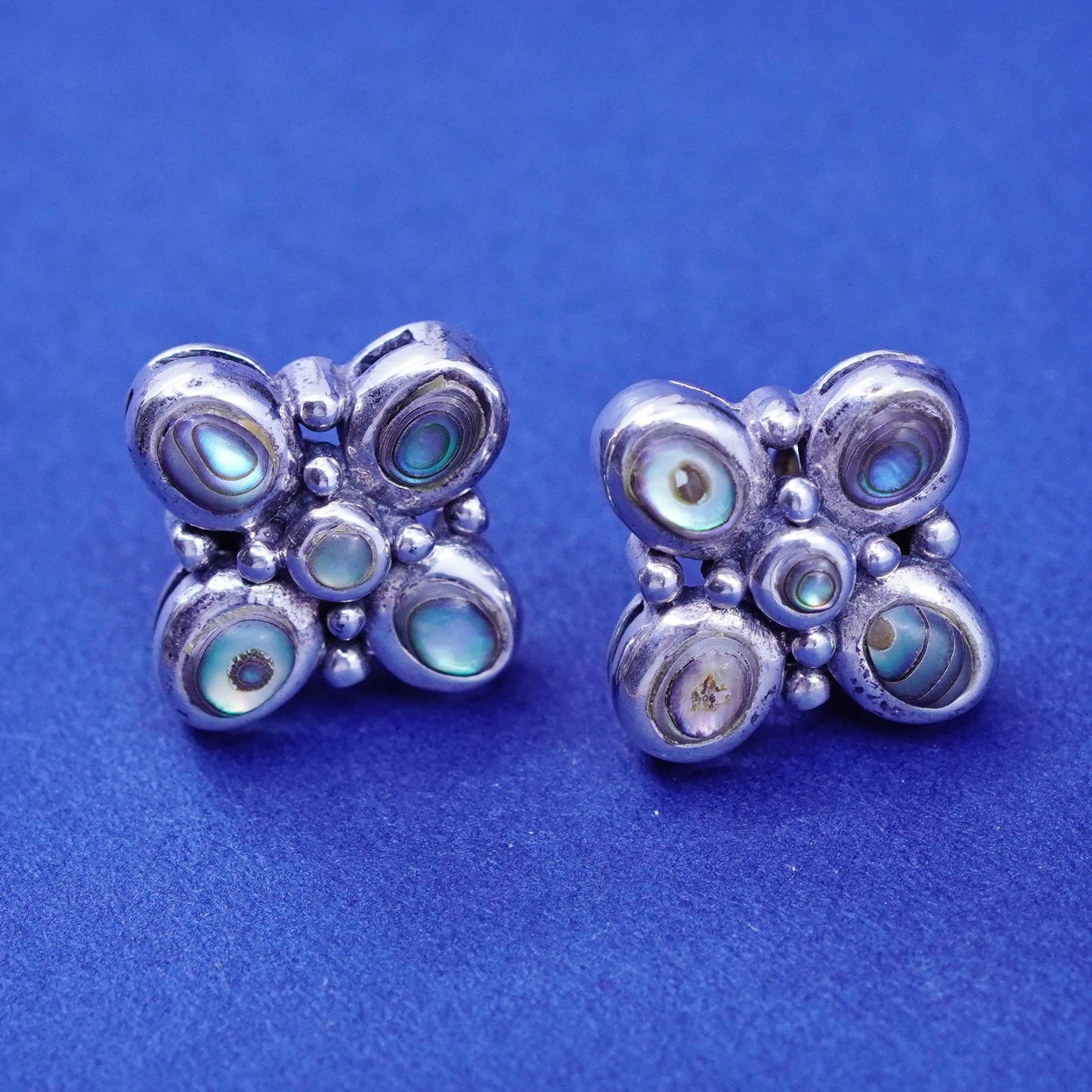 Vintage sterling silver handmade earrings, 925 floral studs with abalone