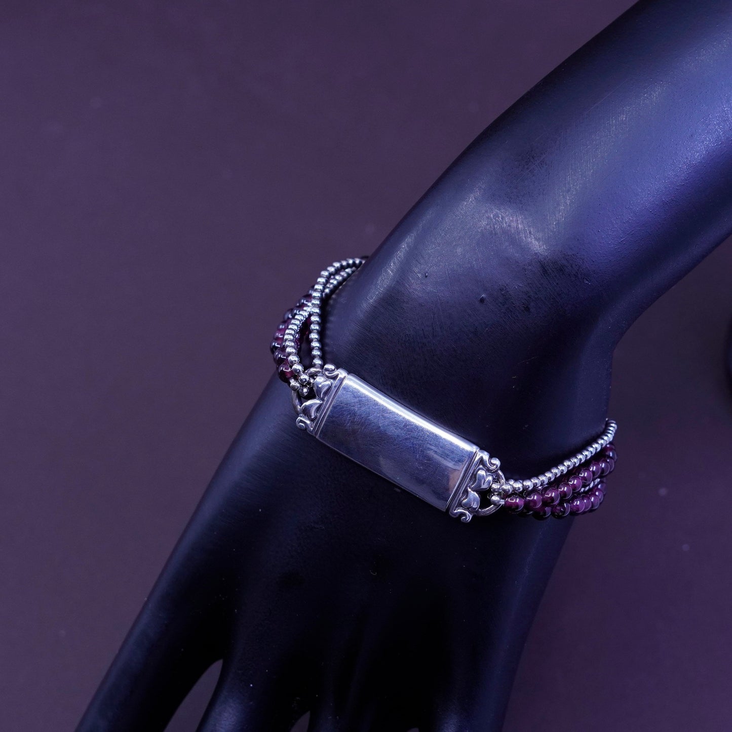 6.5”, Shube southwestern handmade Sterling 925 silver bar garnet beads chain