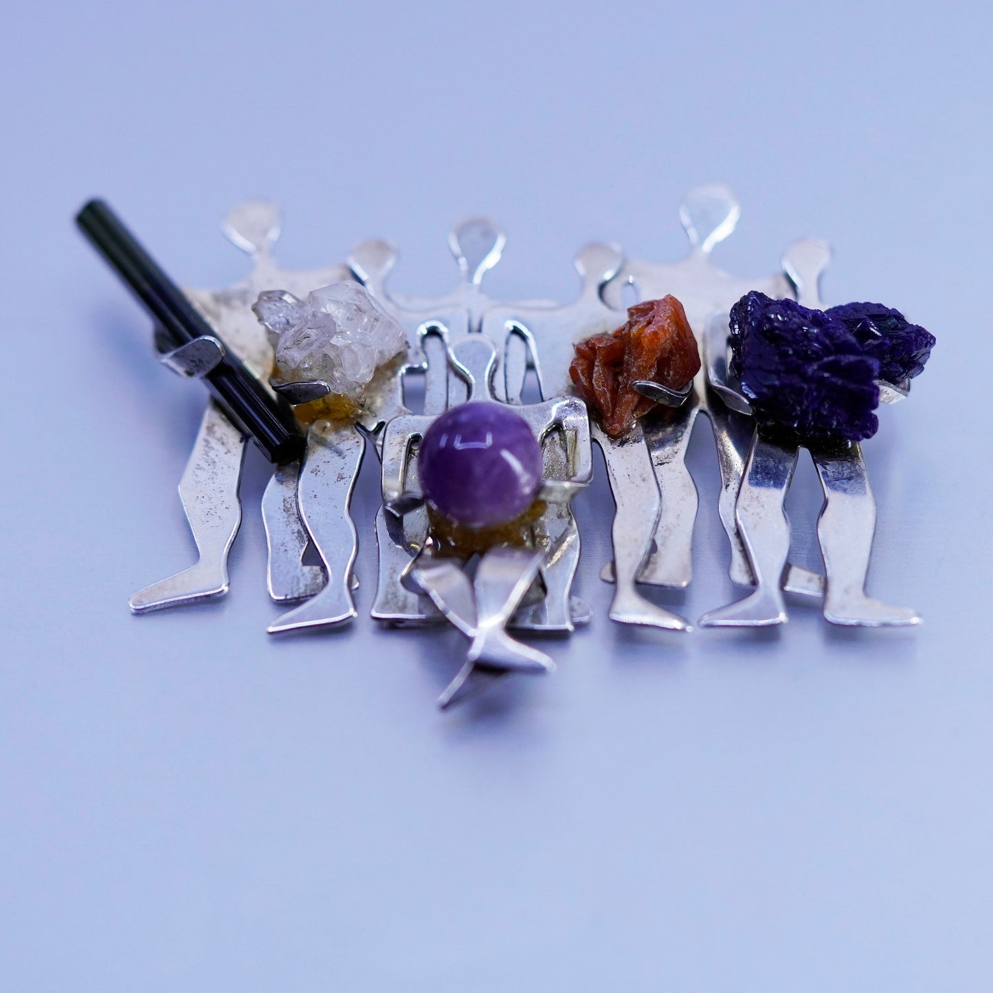 Antique sterling silver handmade brooch, 925 group miner with gemstone