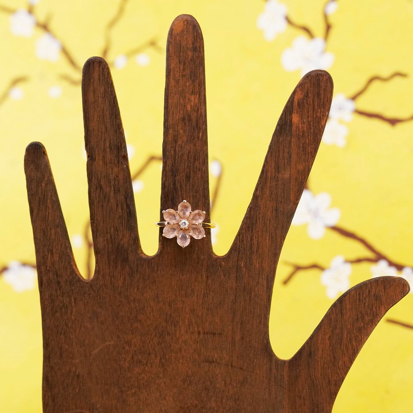 Size 6.75 vintage vermeil gold over Sterling 925 silver flower ring pink quartz