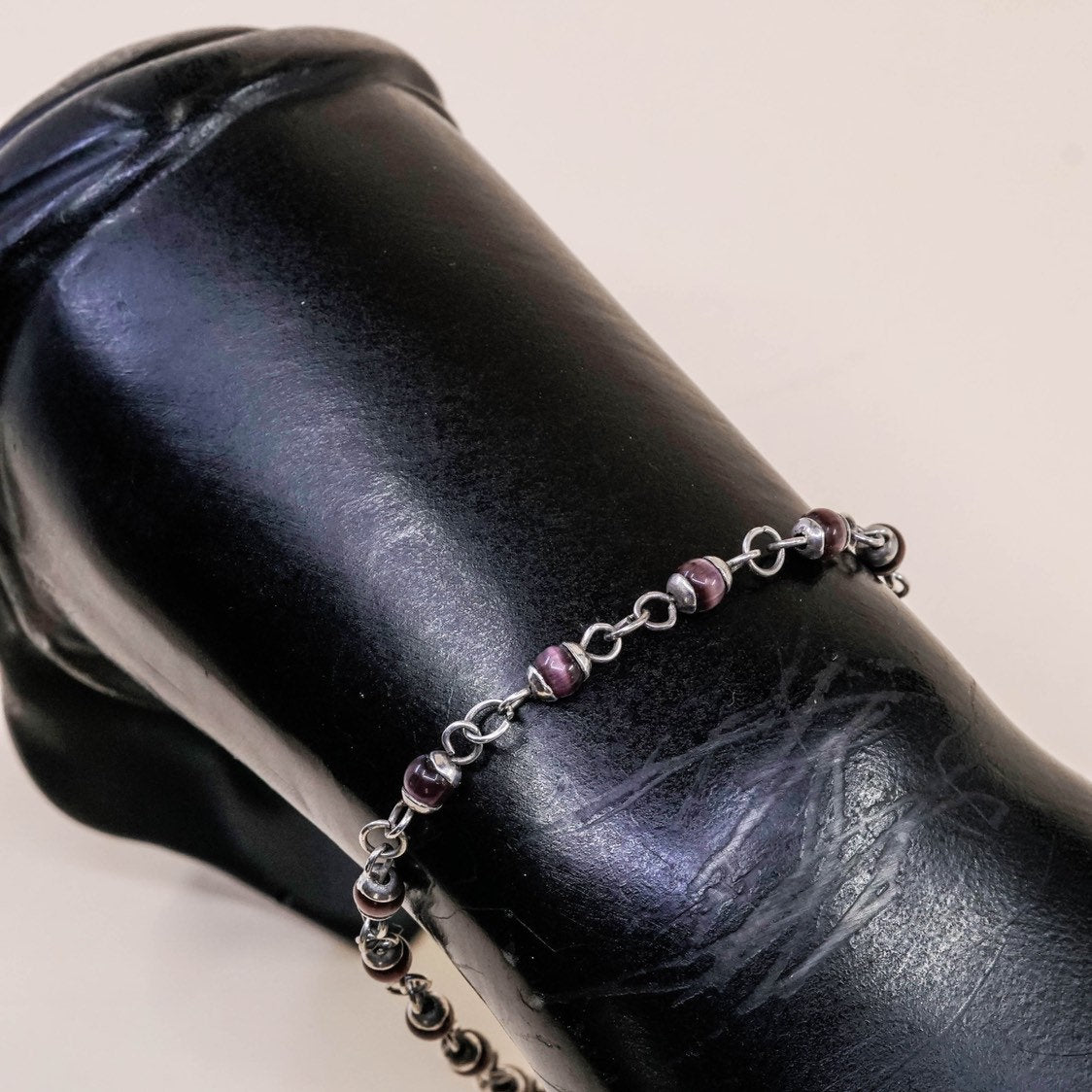 8.75”, VTG Handmade Sterling 925 silver bracelet, purple tiger eye beads