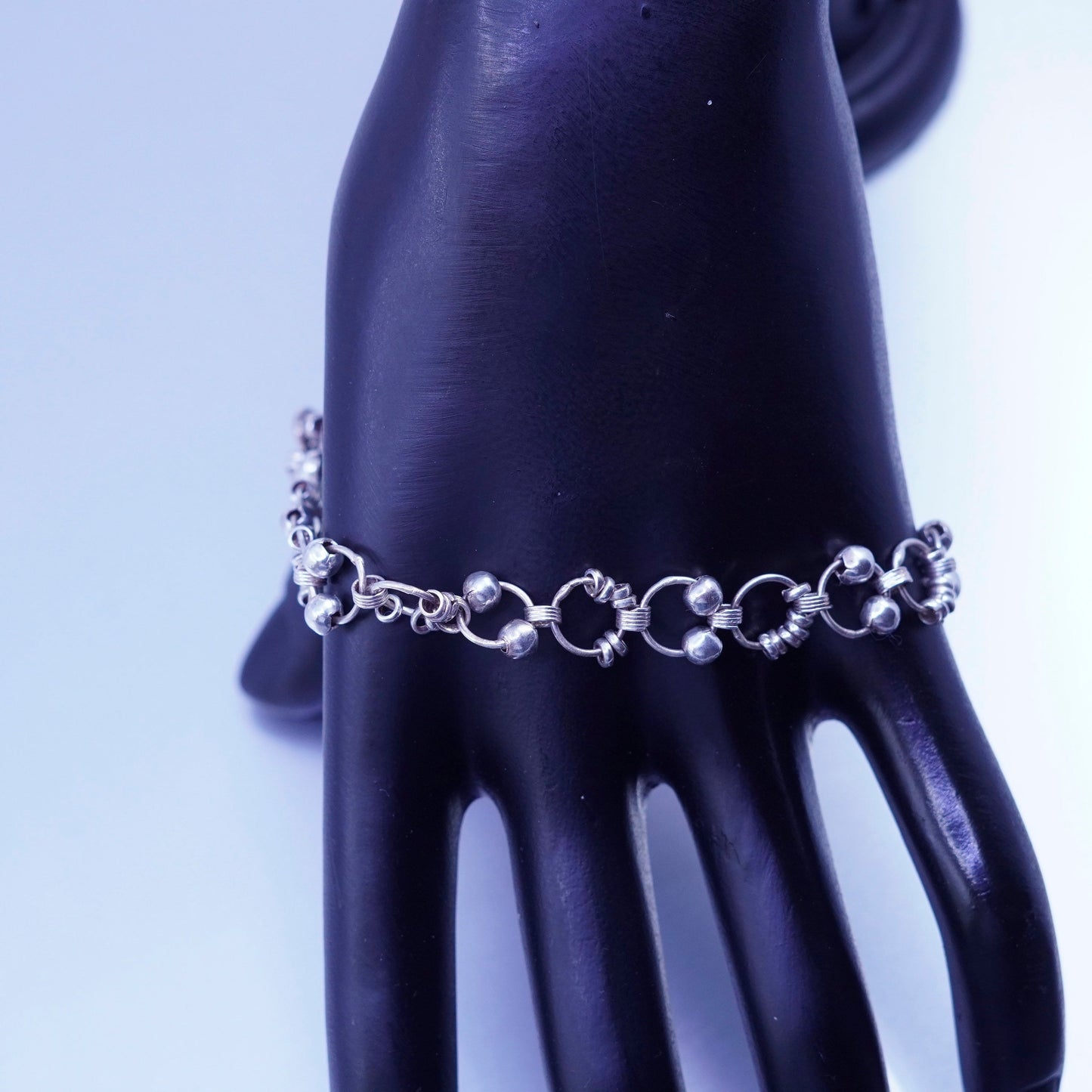 8.25”, Sterling 925 silver handmade bracelet, circle charm chain with beads