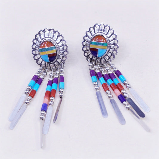 QT Native American sterling silver handmade earrings, 925 fringe, Zuni, Navajo