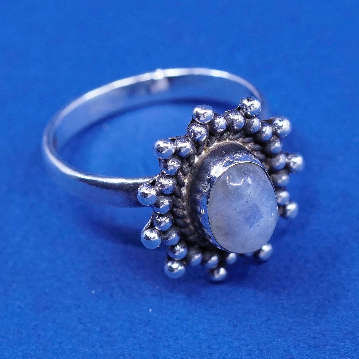 Size 6, vintage DIXI Sterling 925 silver handmade ring with moonstone and beads