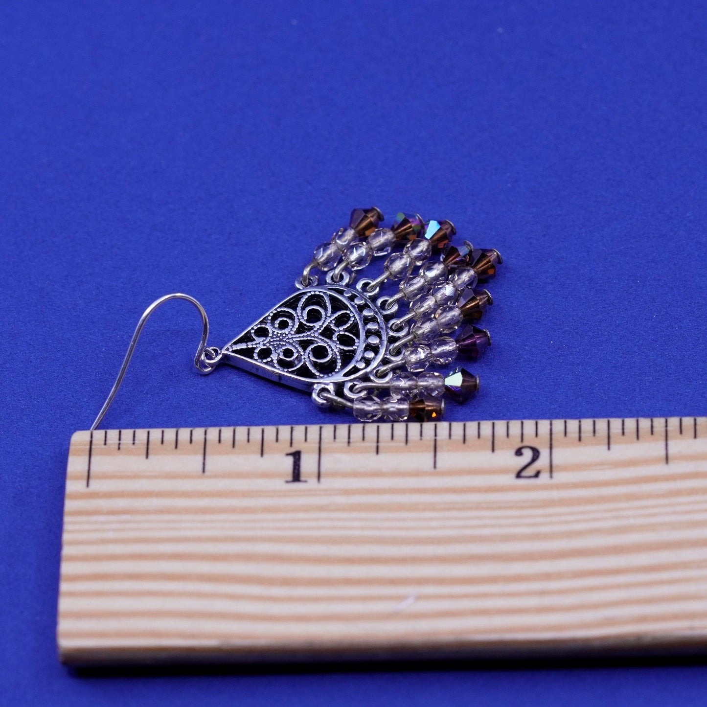 Sterling silver handmade earrings, 925 filigree teardrop disk cluster crystal