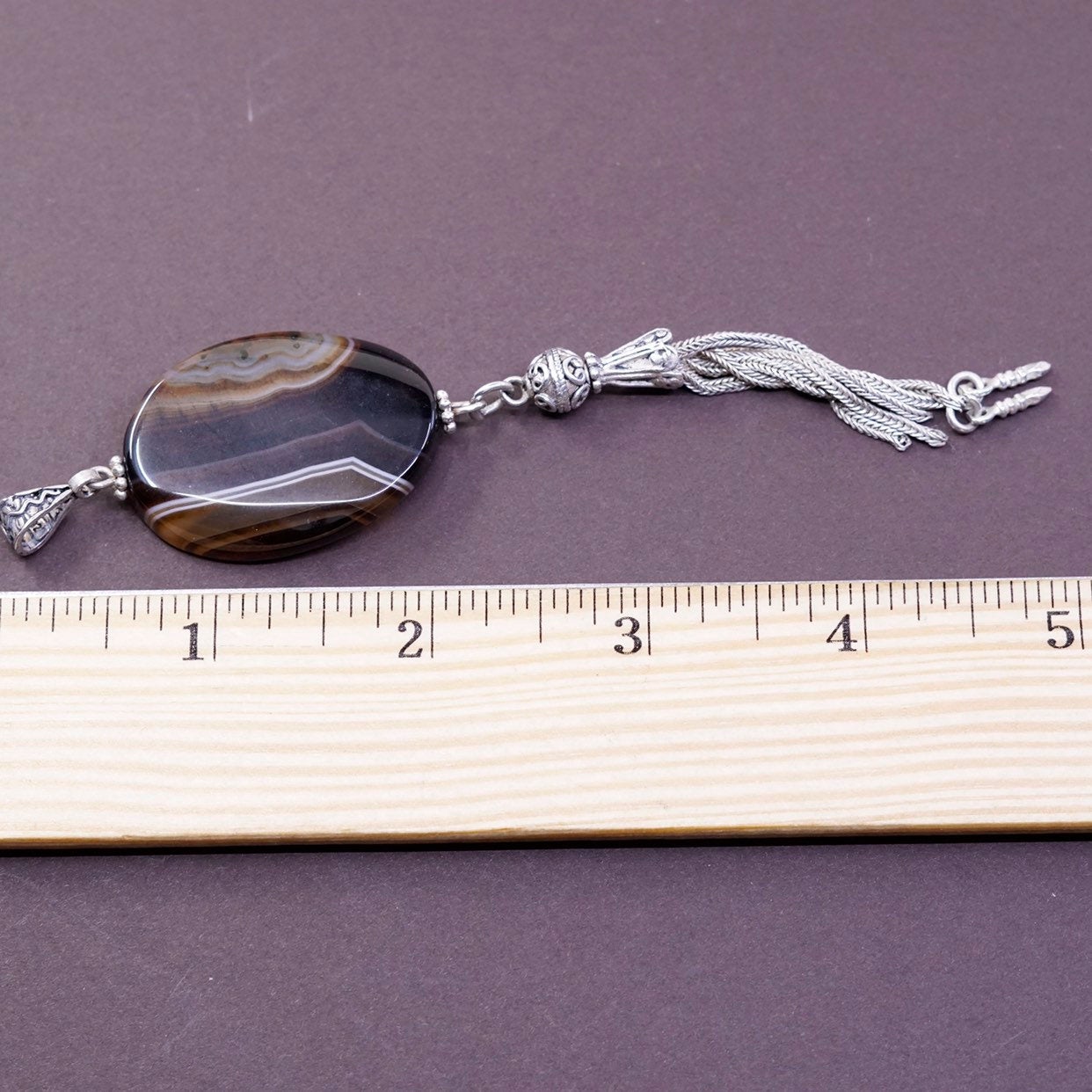 Southwestern Sterling silver handmade pendant, 925 w/ agate N wheat fringe