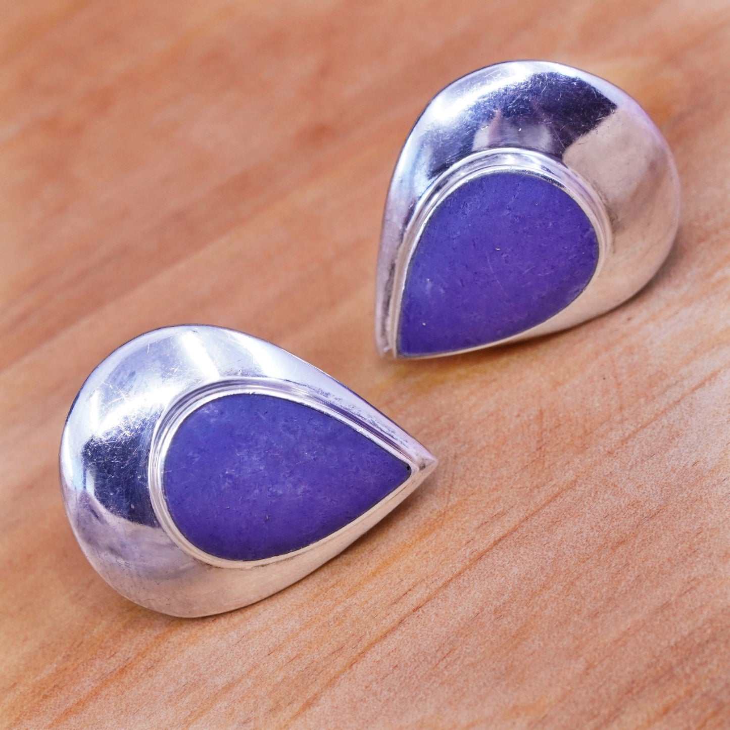 Sterling silver handmade earrings, Mexico 925 teardrop studs with lapis lazuli