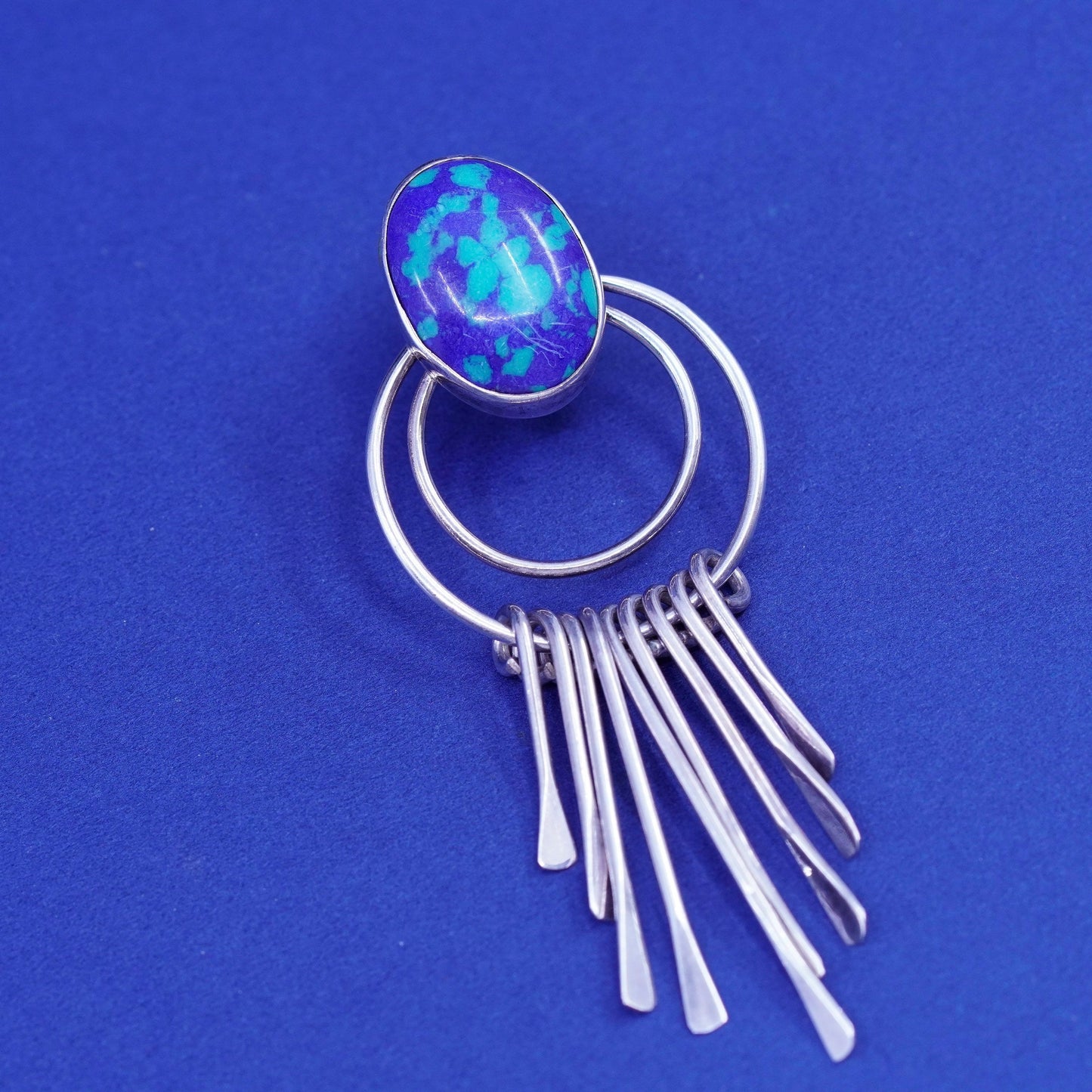 southwestern sterling silver handmade earrings, 925 fringe drops oval azurite