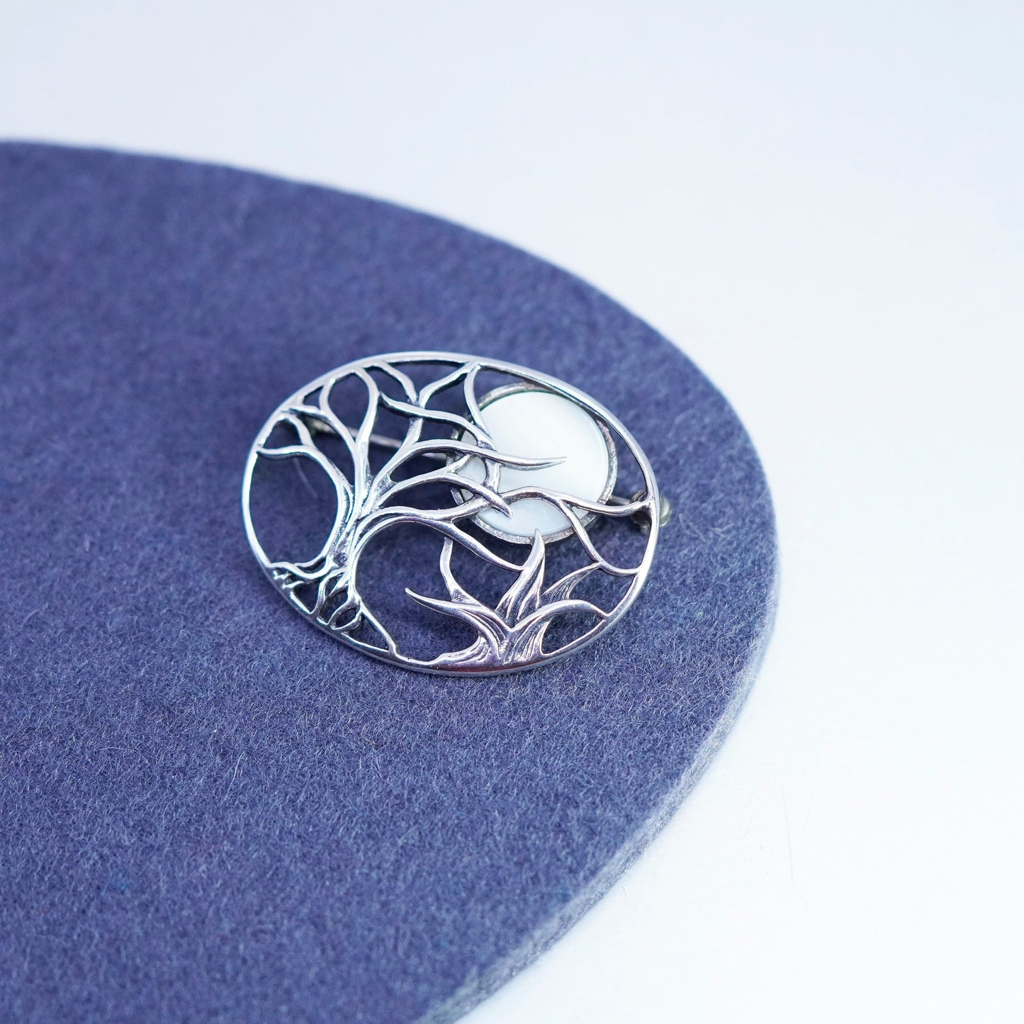 Vintage sterling silver handmade brooch, 925 tree pin with white cats eye moon