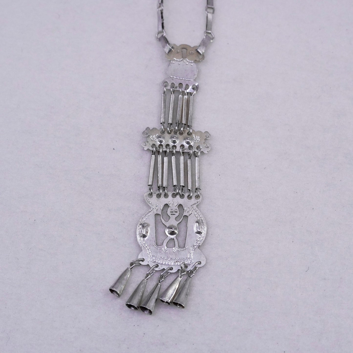 18”, Sterling 950 silver handmade elongated chain necklace with fringe pendant