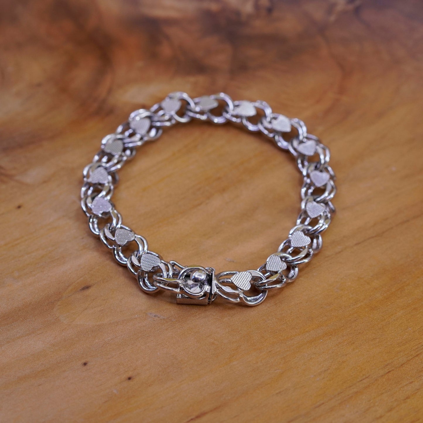 6.5”, vtg Sterling silver handmade double curb bracelet, 925 charm heart chain