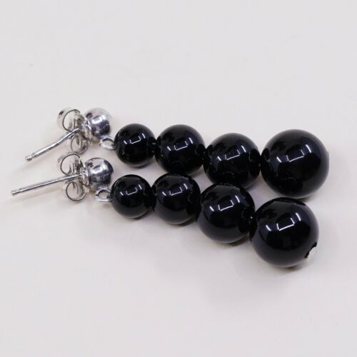 Vtg Southwestern Sterling 925 Silver Handmade Earrings W/ Obsidian Bead