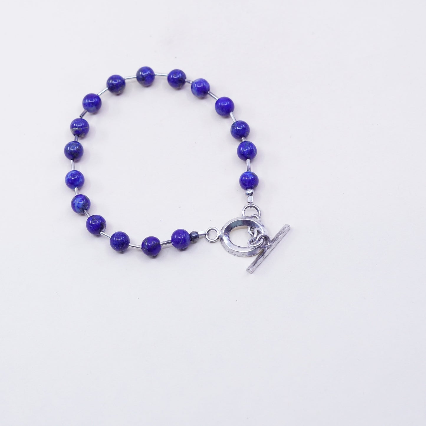 7”, Vintage Sterling 925 silver bracelet with square shaped lapis lazuli beads