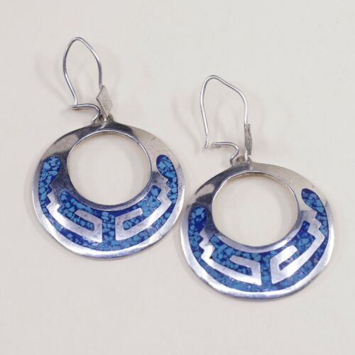 1” Amazing handmade Sterling Silver earrings, 925 Turquoise Circle Dangles