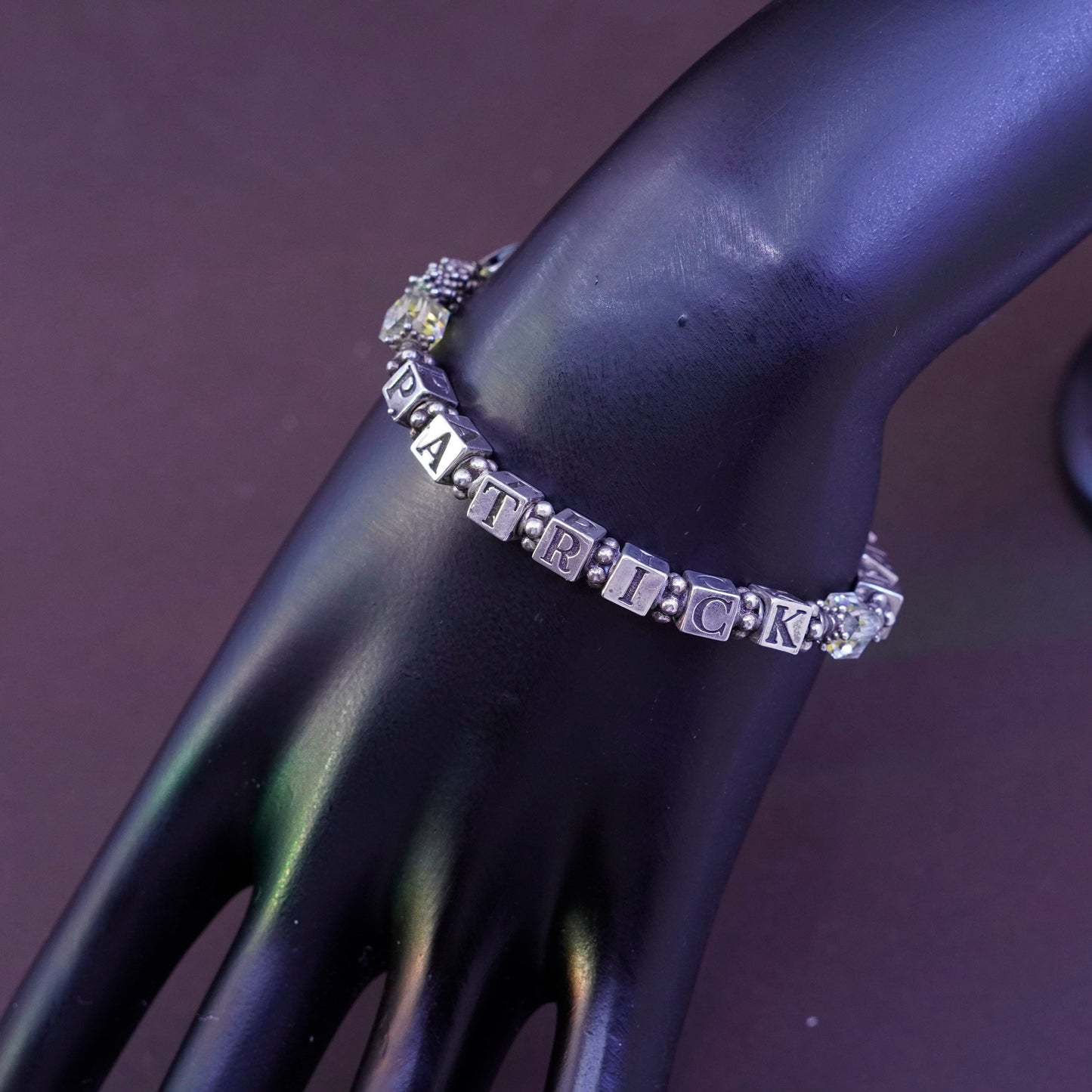 6.5”, Sterling 925 silver handmade bracelet cz beads name Patrick Maeve cubes