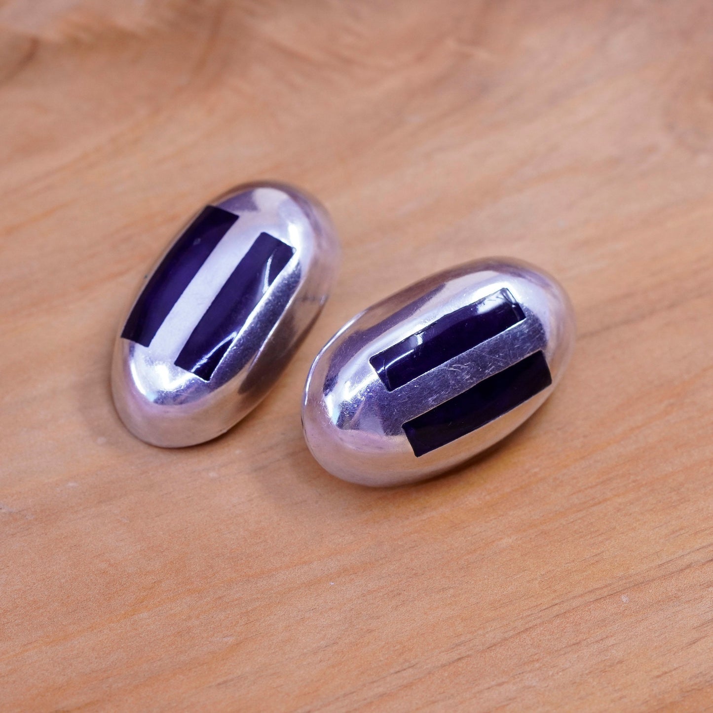Vintage Mexico Sterling silver handmade earrings, 925 oval studs with obsidian