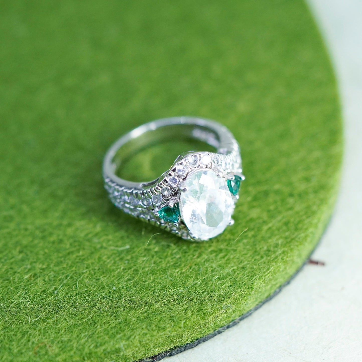 Size 7, Sterling silver engagement ring, 925 silver with oval cz and emerald
