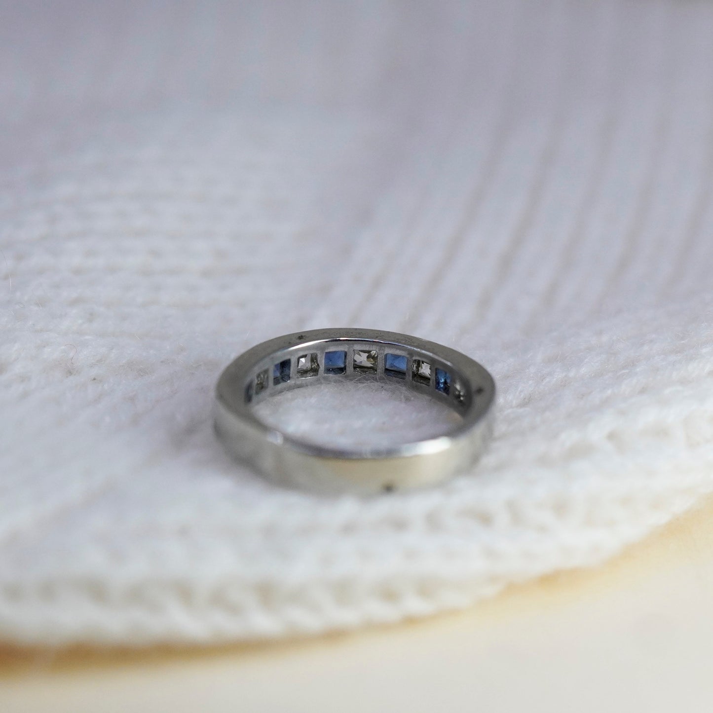 Size 9, Sterling 925 silver stackable ring, wedding band with blue and clear CZ