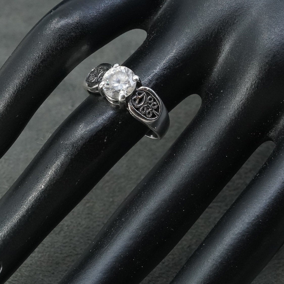 sz 7, vtg Sterling silver engagement ring, 925 w/ crystal