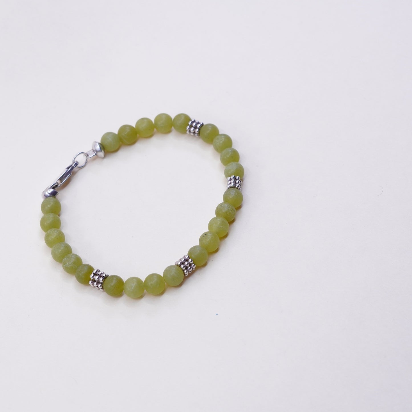 6.75”, vintage 925 Sterling silver handmade bracelet with jade beads
