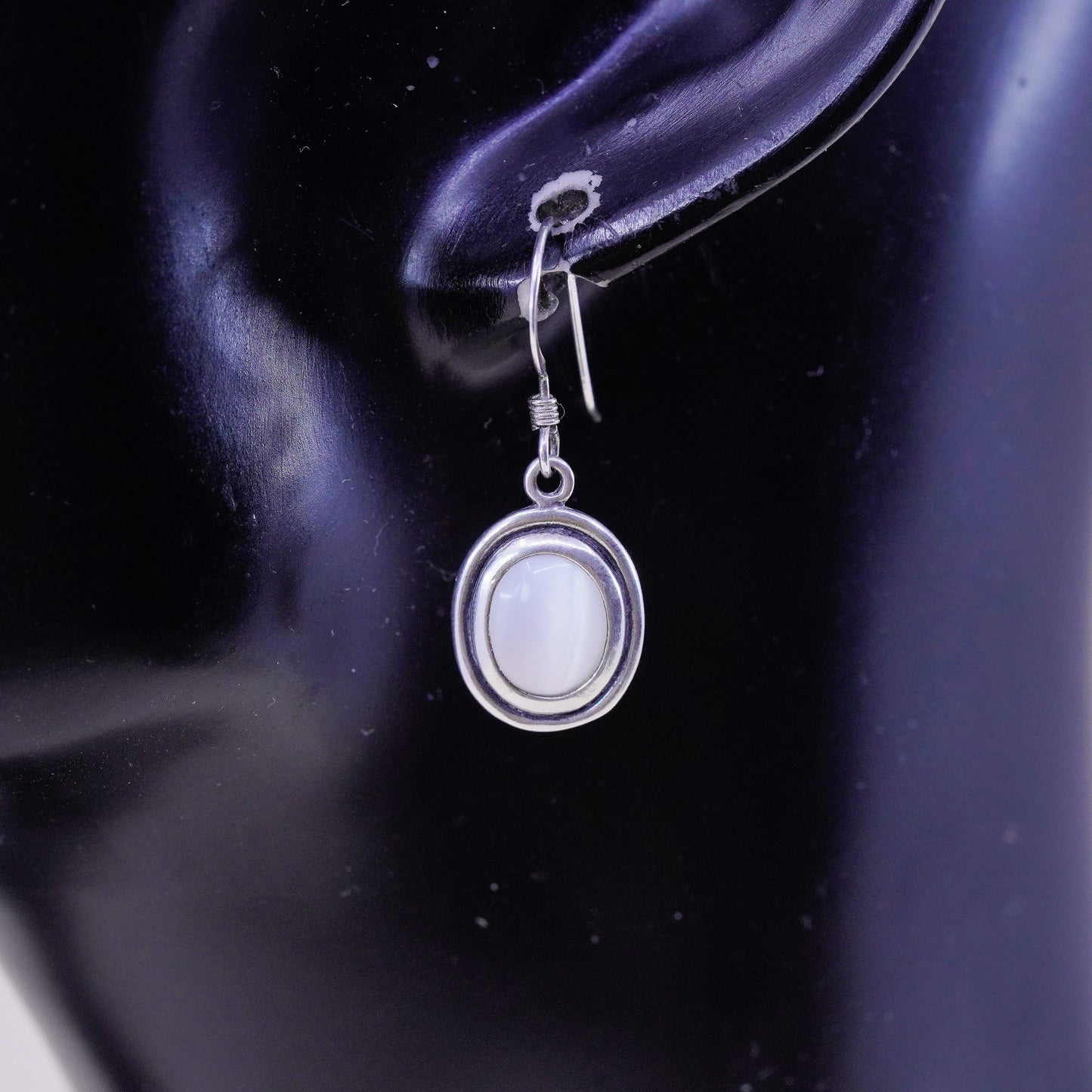 Vintage Sterling 925 silver handmade oval earrings with white tiger eye