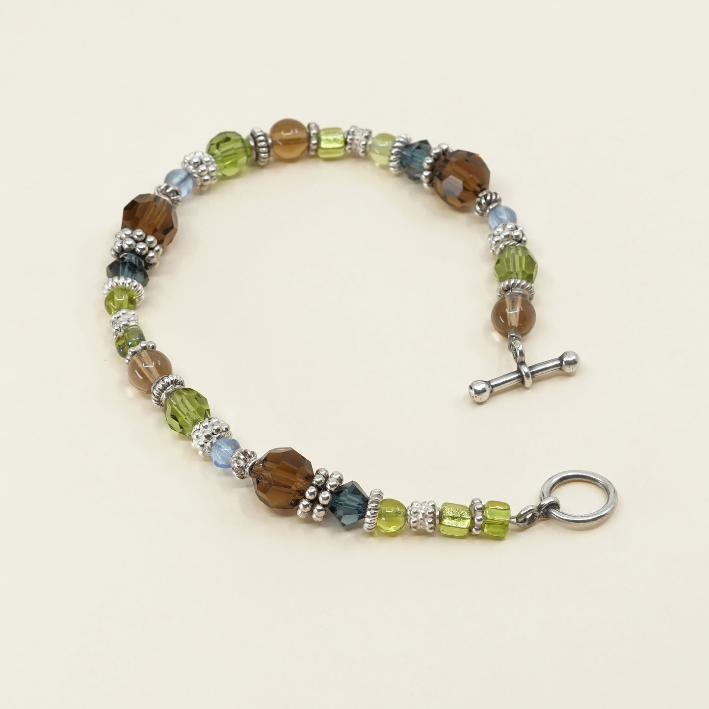 6.75", vtg Sterling silver handmade bracelet, 925 beads n green Swarovski