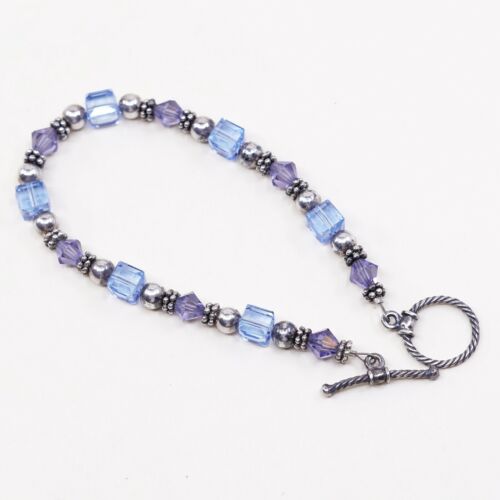 6.75”, Vtg Sterling Silver Handmade Bracelet, 925 Beads W/ Blue Glass Beads