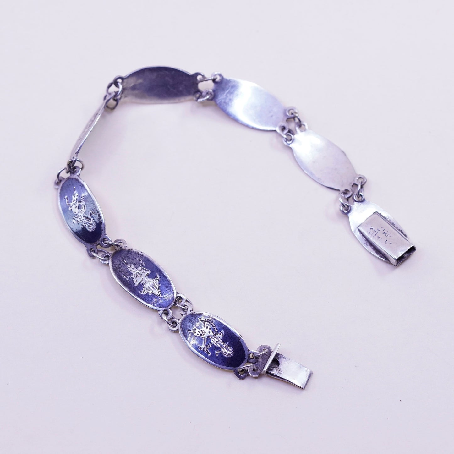 6.5”, Vintage Indian Siam sterling silver bracelet, 925 disc engraved goddess