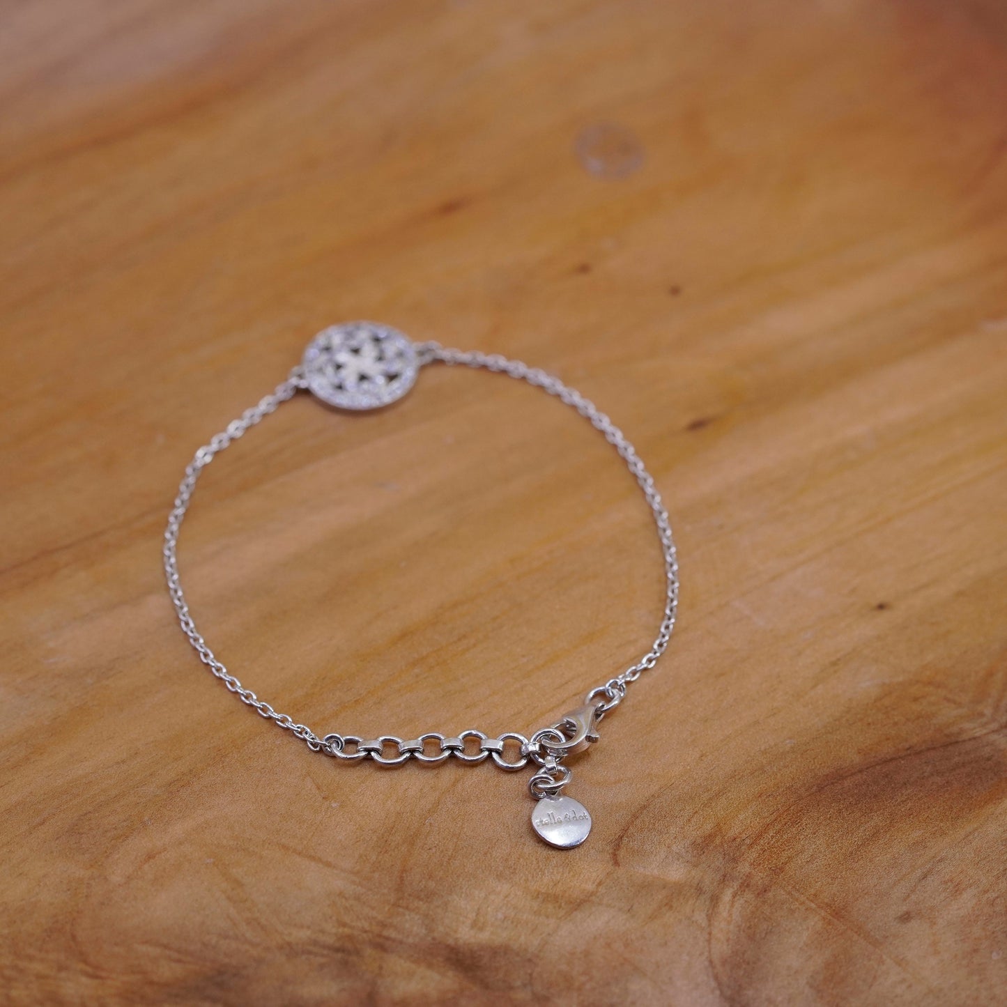 7”, Stella &Dot Sterling 925 silver circle chain bracelet lucky clover charm
