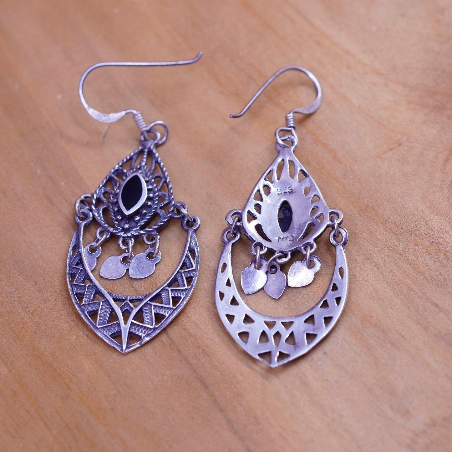 Vintage Sterling 925 silver handmade filigree earrings with obsidian