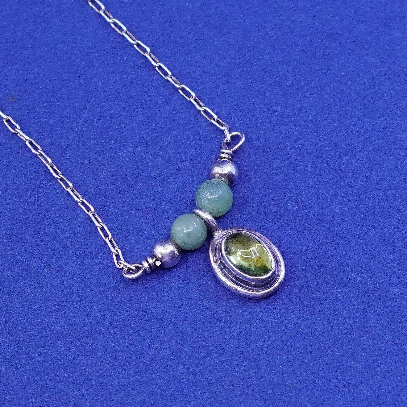 16”, 1mm, vintage Sterling 925 silver necklace, elongated chain peridot pendant