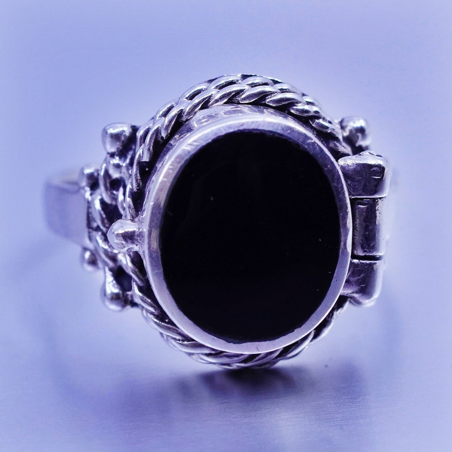 Size 7, vintage Sterling 925 silver handmade prayer locket ring with obsidian