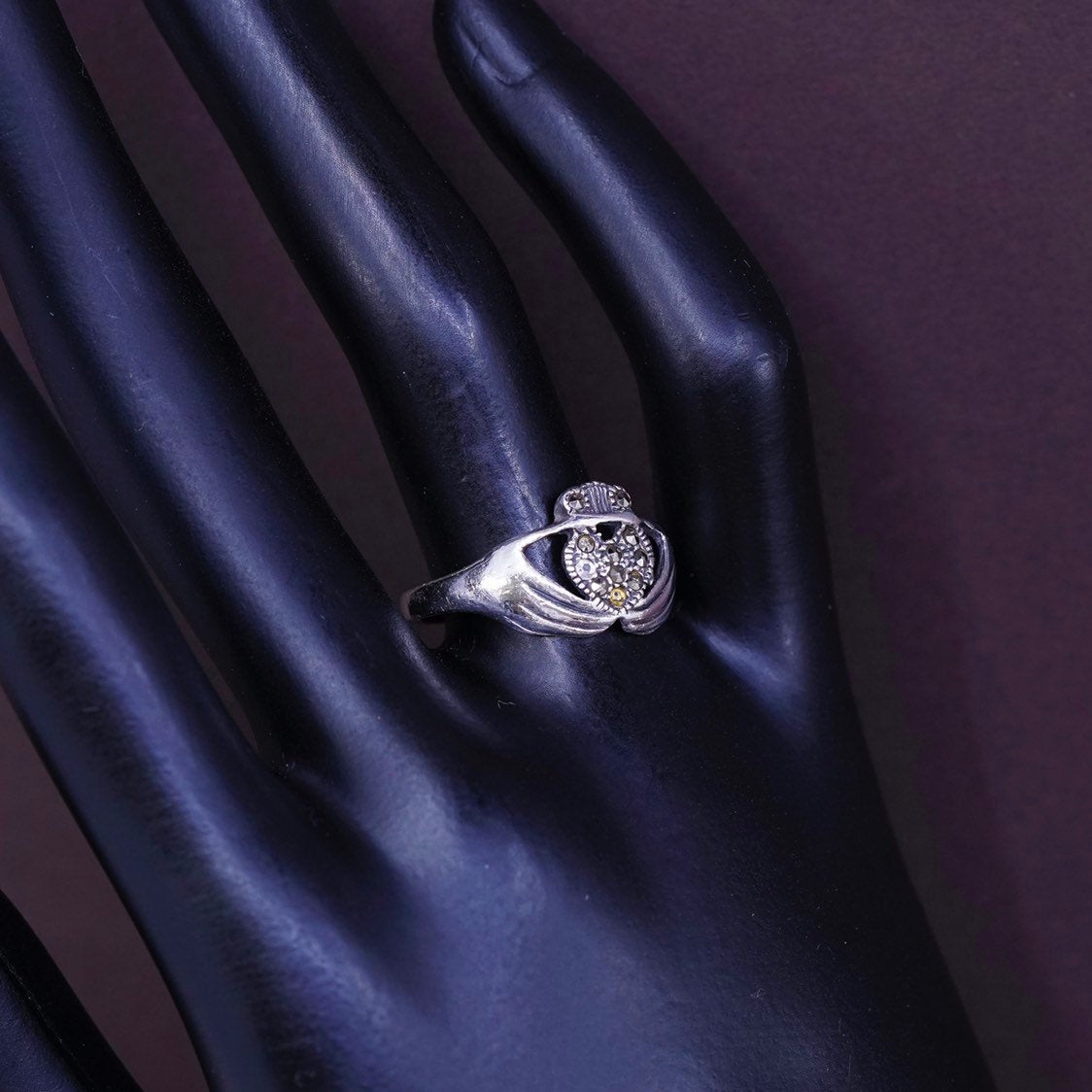 sz 9, sterling silver handmade claddagh ring, holding marcasite heart 925 band
