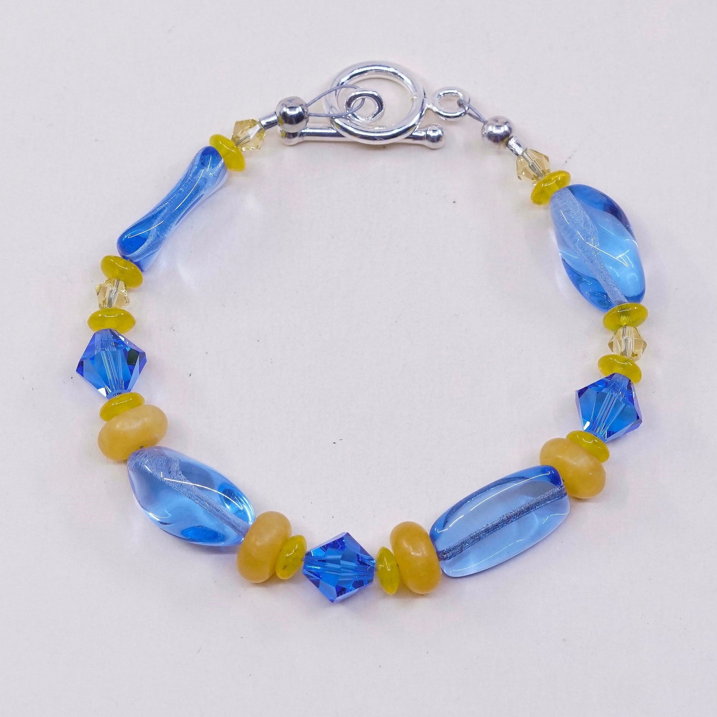 6.25”, vtg 925 Sterling silver beads bracelet w/ artisan blue beads N toggle